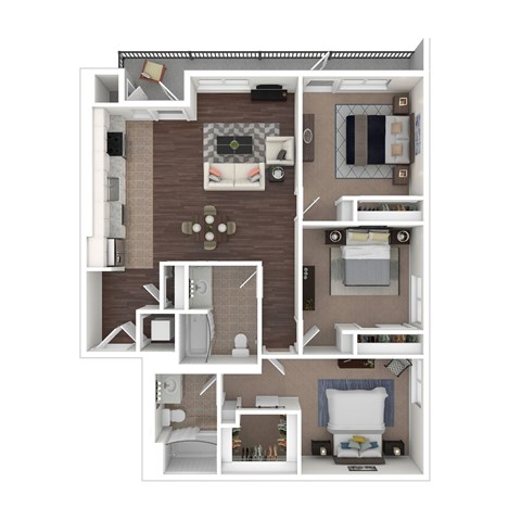 Floor plan for 3 beds, 2 baths, 1229 sqft